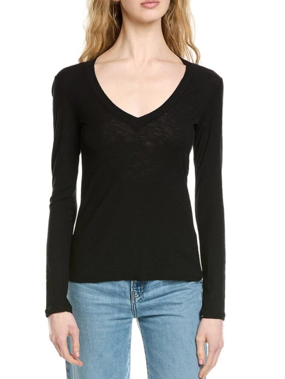 Standard James Perse Black Cotton V-Neck Long Sleeve Pullover Top